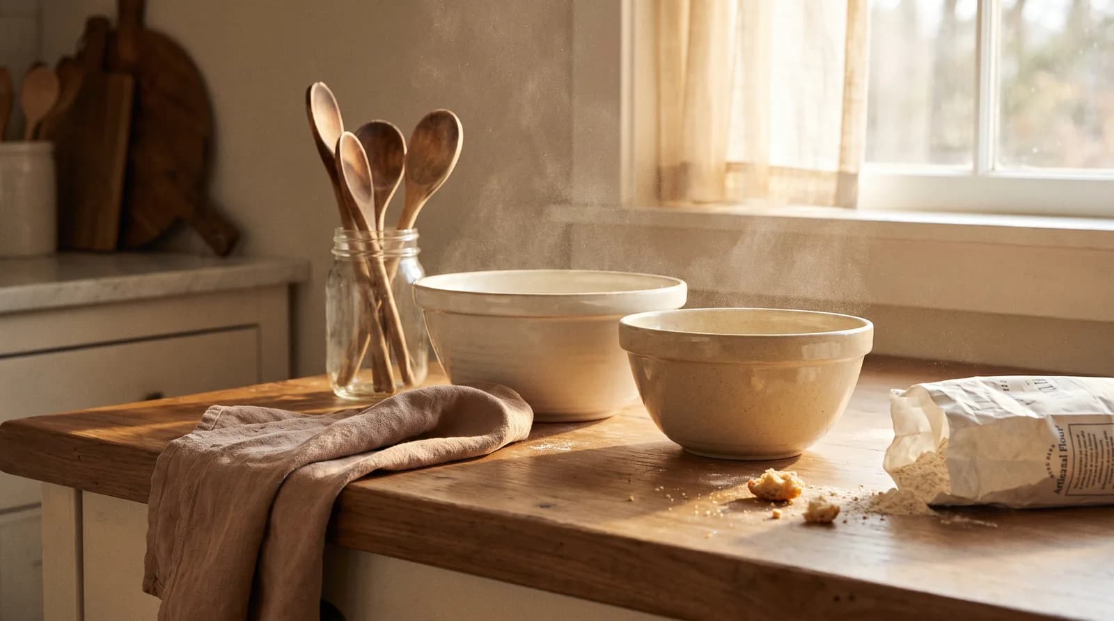 A home kitchen counter in early morning light, with mixing bowls and a scattering of flour