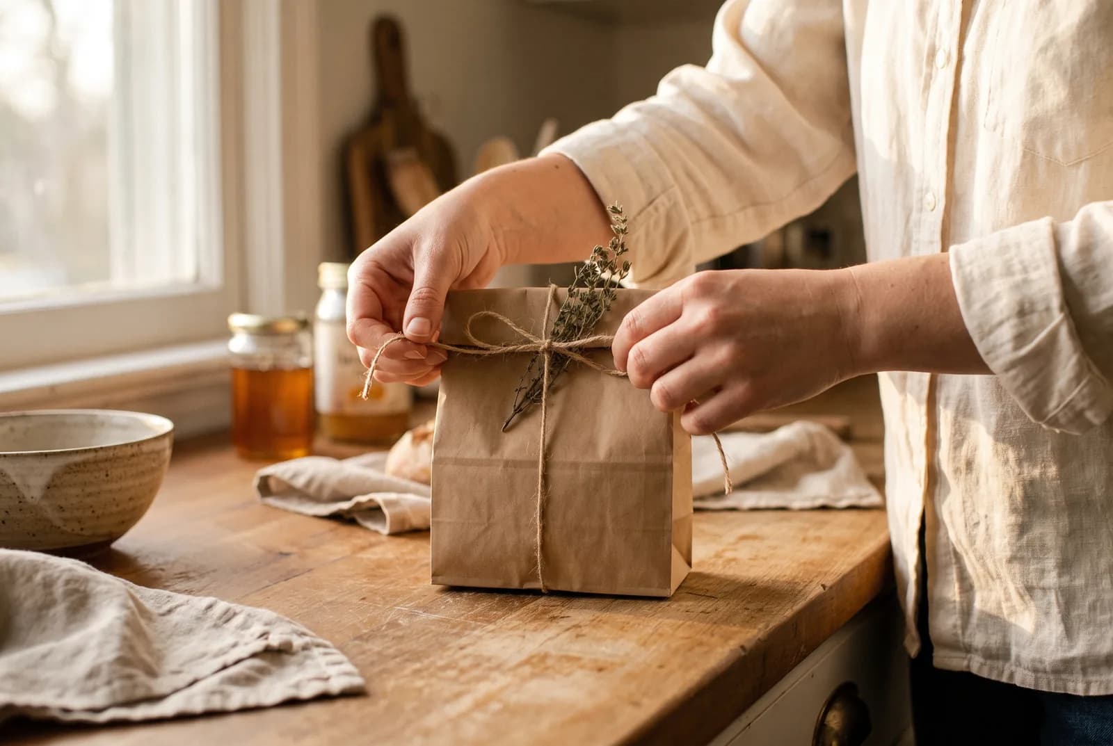 Hands tying a length of twine around a plain brown paper bakery bag